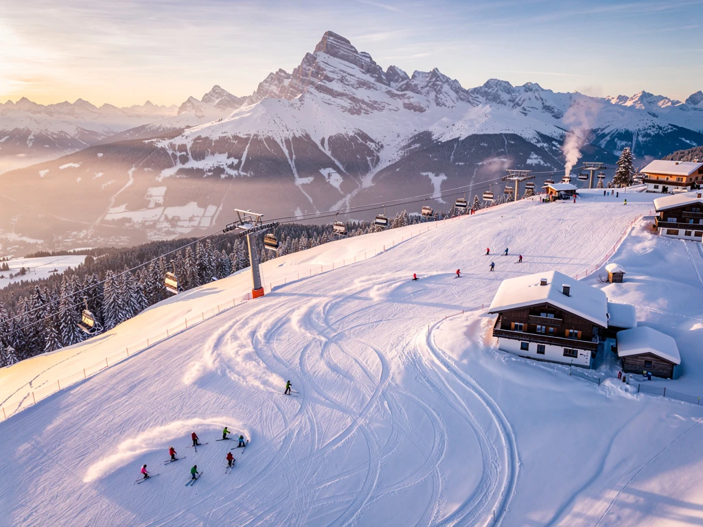 Luchtfoto van skiërs op besneeuwde hellingen in Reith bij Kitzbühel met Kitzbüheler Horn op achtergrond tijdens gouden uur