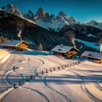 Ski-instructeurs leiden leerlingen over besneeuwde hellingen van Schladming tijdens gouden uur, Oostenrijkse Alpen