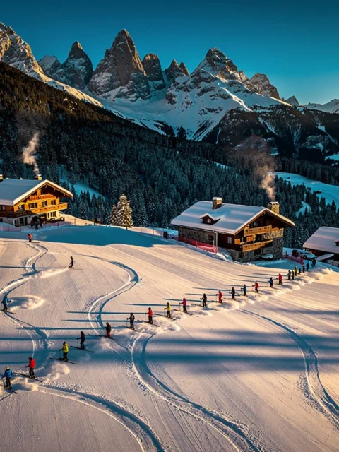 Ski-instructeurs leiden leerlingen over besneeuwde hellingen van Schladming tijdens gouden uur, Oostenrijkse Alpen