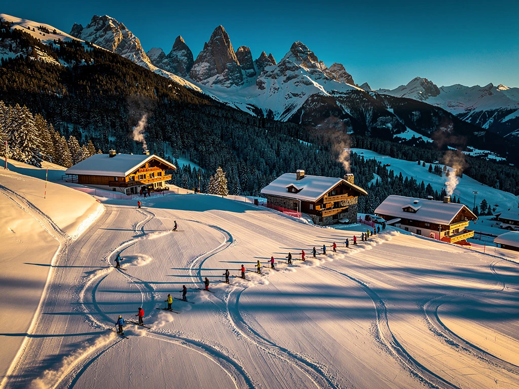 Ski-instructeurs leiden leerlingen over besneeuwde hellingen van Schladming tijdens gouden uur, Oostenrijkse Alpen
