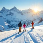 Volwassene en kind skiën in perfecte houding op een besneeuwde helling, begeleid door een ski-instructeur, tegen een achtergrond van gouden Alpenbergen.