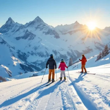 Volwassene en kind skiën in perfecte houding op een besneeuwde helling, begeleid door een ski-instructeur, tegen een achtergrond van gouden Alpenbergen.
