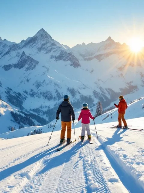 Volwassene en kind skiën in perfecte houding op een besneeuwde helling, begeleid door een ski-instructeur, tegen een achtergrond van gouden Alpenbergen.
