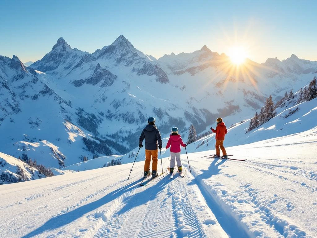 Volwassene en kind skiën in perfecte houding op een besneeuwde helling, begeleid door een ski-instructeur, tegen een achtergrond van gouden Alpenbergen.