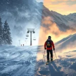 Dramatische vergelijking van skihelling: links tijdens hevige sneeuwstorm met stilstaande lift, rechts bij stralend weer, met ski-instructeur jas en skistokken vooraan.