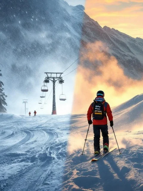 Dramatische vergelijking van skihelling: links tijdens hevige sneeuwstorm met stilstaande lift, rechts bij stralend weer, met ski-instructeur jas en skistokken vooraan.