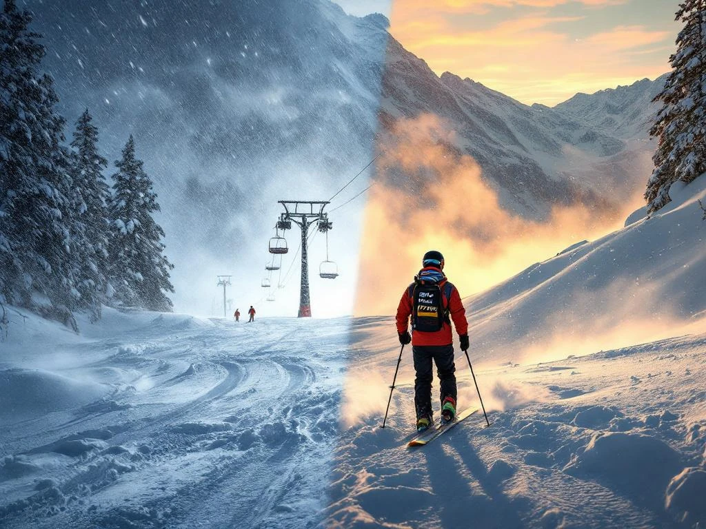 Dramatische vergelijking van skihelling: links tijdens hevige sneeuwstorm met stilstaande lift, rechts bij stralend weer, met ski-instructeur jas en skistokken vooraan.