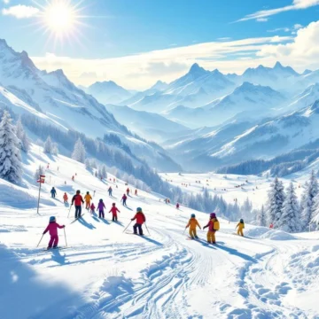 Kindvriendelijke skileszone op zonnige Oostenrijkse piste met kleurrijke pionnen, kinderen in felgekleurde skikleding en instructeur onder stralend blauwe Alpenhemel.