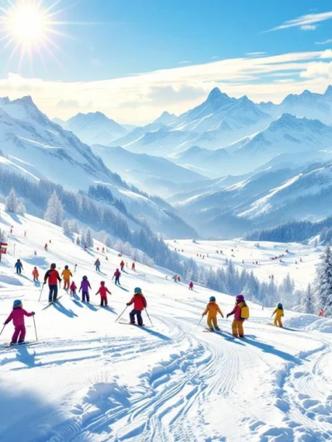 Kindvriendelijke skileszone op zonnige Oostenrijkse piste met kleurrijke pionnen, kinderen in felgekleurde skikleding en instructeur onder stralend blauwe Alpenhemel.