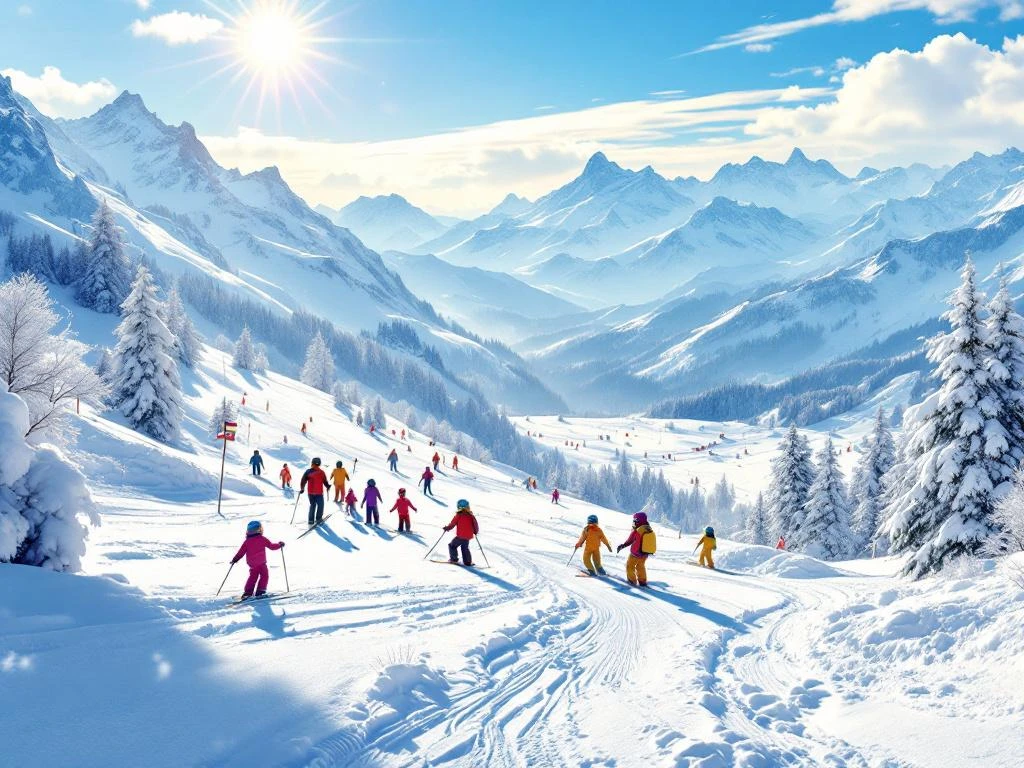 Kindvriendelijke skileszone op zonnige Oostenrijkse piste met kleurrijke pionnen, kinderen in felgekleurde skikleding en instructeur onder stralend blauwe Alpenhemel.