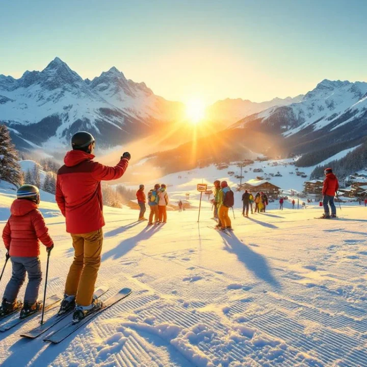 Ski-instructeur geeft privé- en groepslessen op besneeuwde Franse Alpenhelling bij gouden uur, met Mont Blanc op achtergrond.