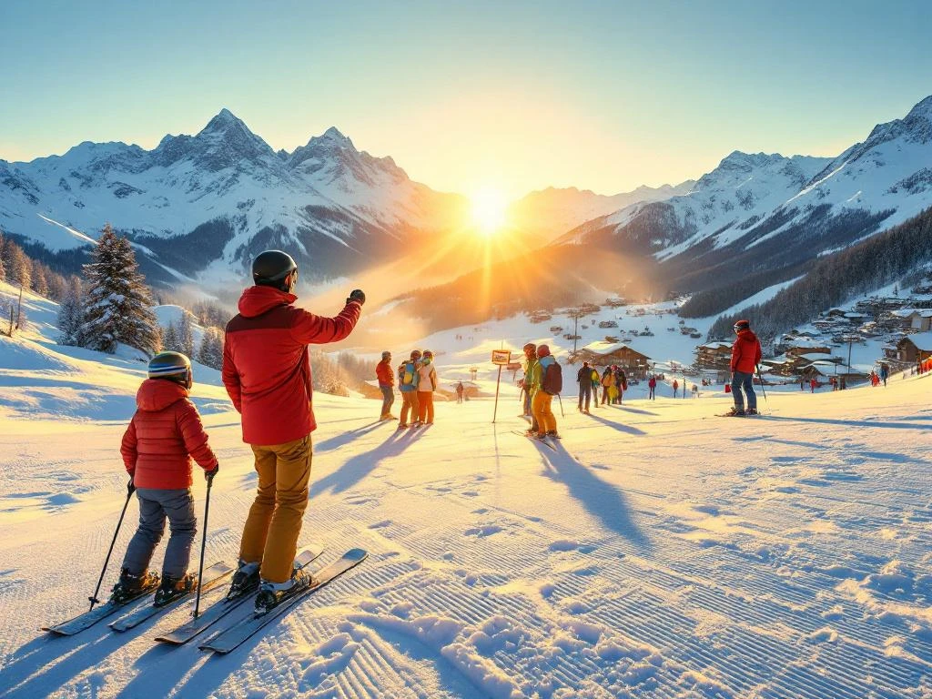 Ski-instructeur geeft privé- en groepslessen op besneeuwde Franse Alpenhelling bij gouden uur, met Mont Blanc op achtergrond.