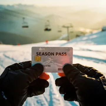 Snowboarder houdt seizoenskaart vast in handschoenen tegen verse poedersneeuw met skilift op achtergrond