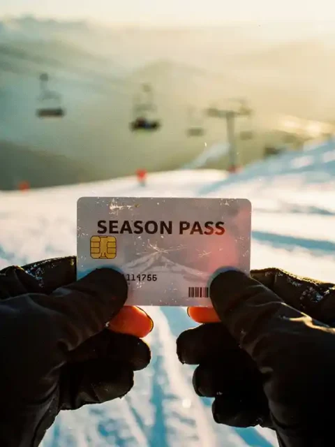 Snowboarder houdt seizoenskaart vast in handschoenen tegen verse poedersneeuw met skilift op achtergrond