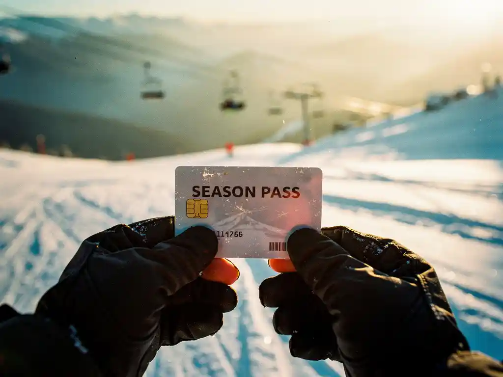 Snowboarder houdt seizoenskaart vast in handschoenen tegen verse poedersneeuw met skilift op achtergrond