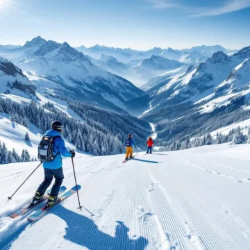 Zonnige Alpine skipiste met drie skiërs op verschillende moeilijkheidsgraden, omringd door besneeuwde bergtoppen en dennenbomen. Verse sneeuw glinstert in het zonlicht.