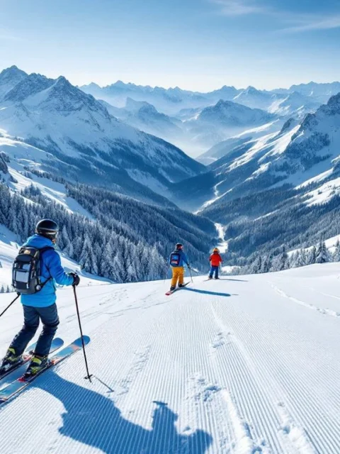 Zonnige Alpine skipiste met drie skiërs op verschillende moeilijkheidsgraden, omringd door besneeuwde bergtoppen en dennenbomen. Verse sneeuw glinstert in het zonlicht.