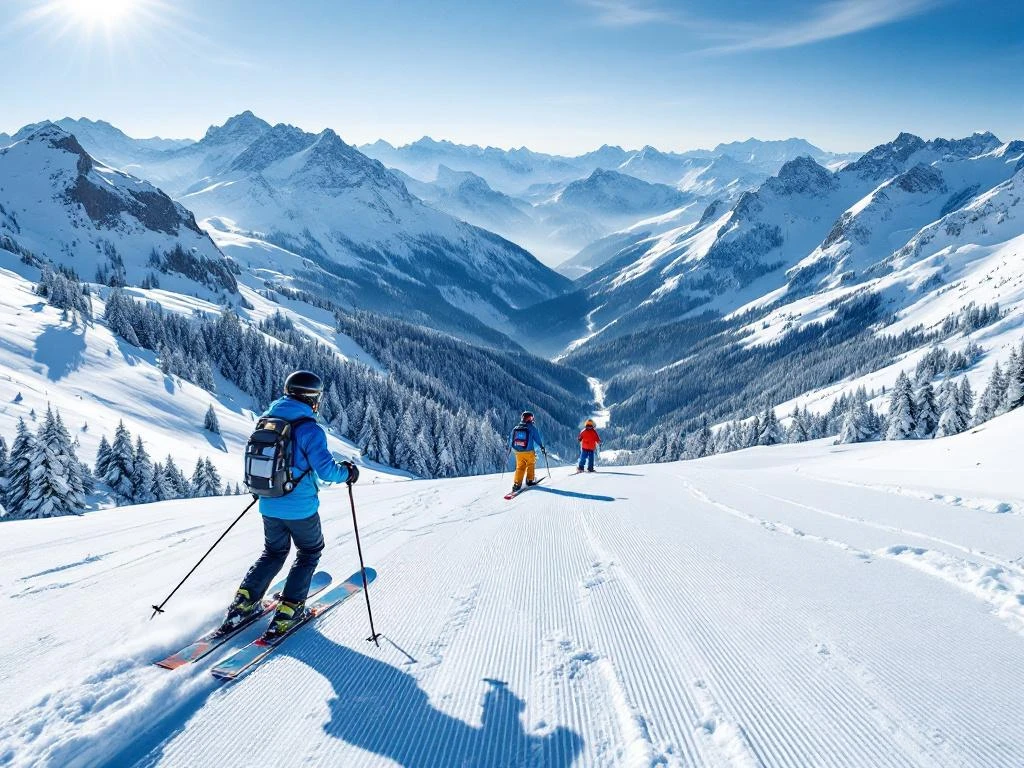 Zonnige Alpine skipiste met drie skiërs op verschillende moeilijkheidsgraden, omringd door besneeuwde bergtoppen en dennenbomen. Verse sneeuw glinstert in het zonlicht.