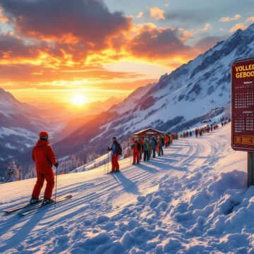 Contrasterende alpiene skigebied bij zonsopgang: links een lege piste met één instructeur in rood, rechts dezelfde locatie overvol met "Volledig Geboekt" bord.