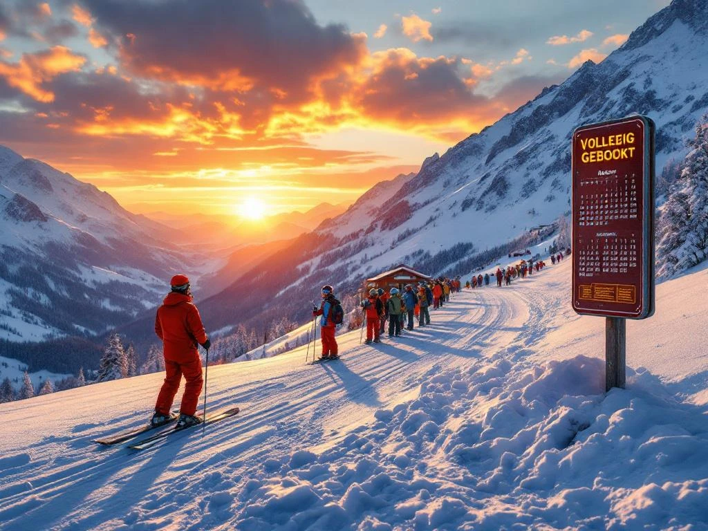 Contrasterende alpiene skigebied bij zonsopgang: links een lege piste met één instructeur in rood, rechts dezelfde locatie overvol met "Volledig Geboekt" bord.
