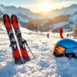 Professionele skiuitrusting op een zonnige Alpine-skipiste met verse poedersneeuw, terwijl op de achtergrond skileraren instructie geven