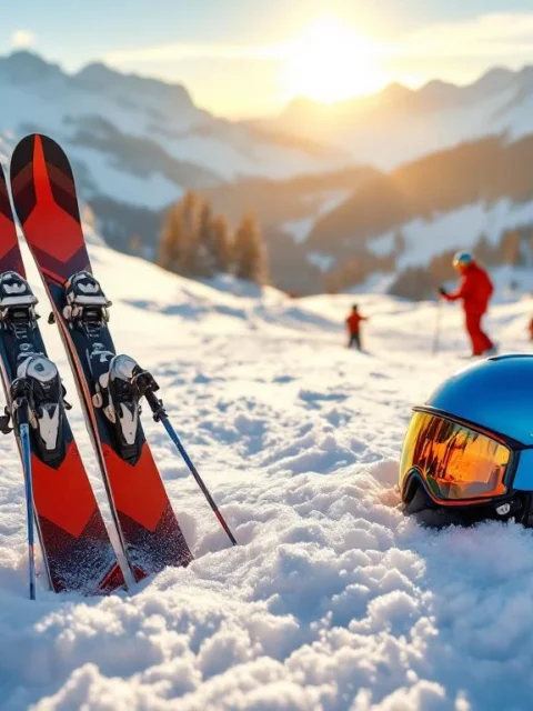 Professionele skiuitrusting op een zonnige Alpine-skipiste met verse poedersneeuw, terwijl op de achtergrond skileraren instructie geven