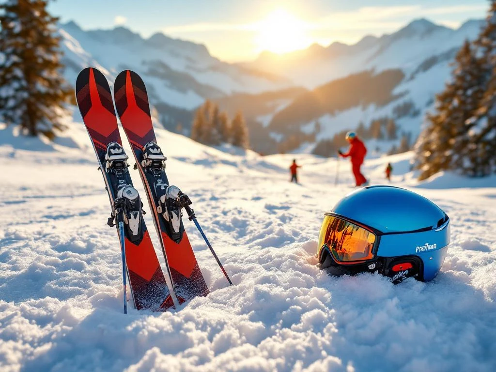 Professionele skiuitrusting op een zonnige Alpine-skipiste met verse poedersneeuw, terwijl op de achtergrond skileraren instructie geven