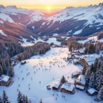 Luchtfoto van besneeuwde skipistes in Warth, Oostenrijk met skigroepen, instructeurs en alpine lodge gebouwen bij zonsondergang