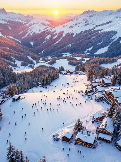Luchtfoto van besneeuwde skipistes in Warth, Oostenrijk met skigroepen, instructeurs en alpine lodge gebouwen bij zonsondergang