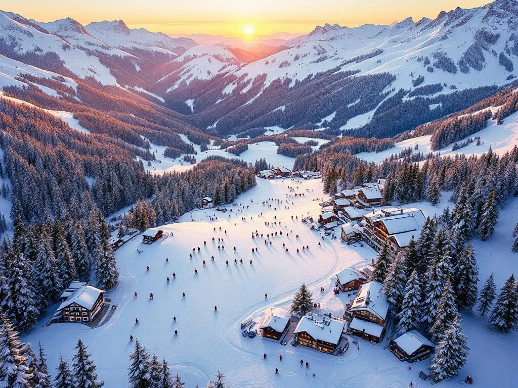 Luchtfoto van besneeuwde skipistes in Warth, Oostenrijk met skigroepen, instructeurs en alpine lodge gebouwen bij zonsondergang