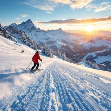 Ski-instructeur in rode jas demonstreert perfecte bocht op zonnige Alpine piste bij zonsopgang, met ongerepte sneeuw en majestueuze bergtoppen onder blauwe hemel.