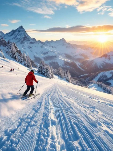 Ski-instructeur in rode jas demonstreert perfecte bocht op zonnige Alpine piste bij zonsopgang, met ongerepte sneeuw en majestueuze bergtoppen onder blauwe hemel.