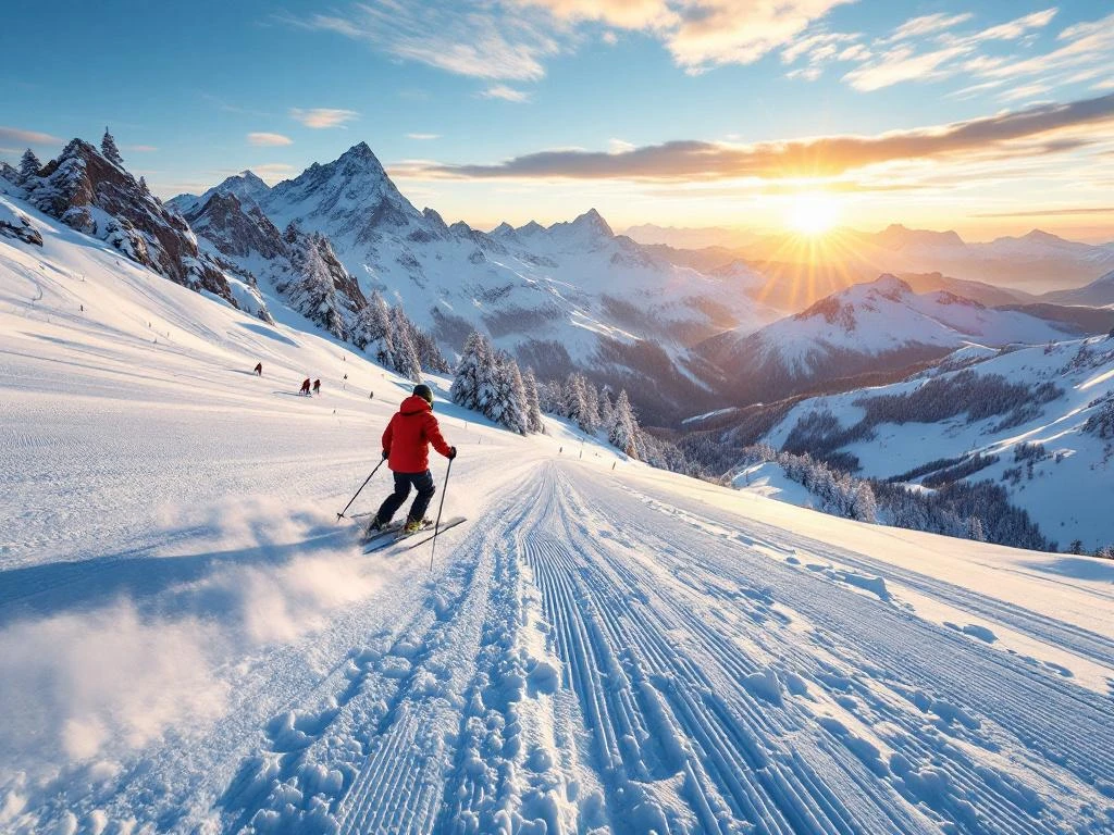 Ski-instructeur in rode jas demonstreert perfecte bocht op zonnige Alpine piste bij zonsopgang, met ongerepte sneeuw en majestueuze bergtoppen onder blauwe hemel.