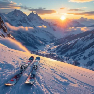 Steile skipiste bij zonsopgang met gouden licht op verse sneeuw, gezien vanuit skiërsperspectief met twee ski's klaar voor afdaling over een nevelig Alpenpanorama.