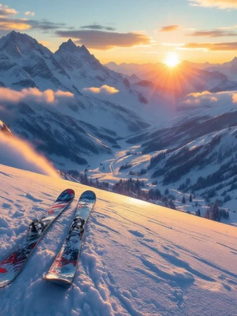 Steile skipiste bij zonsopgang met gouden licht op verse sneeuw, gezien vanuit skiërsperspectief met twee ski's klaar voor afdaling over een nevelig Alpenpanorama.