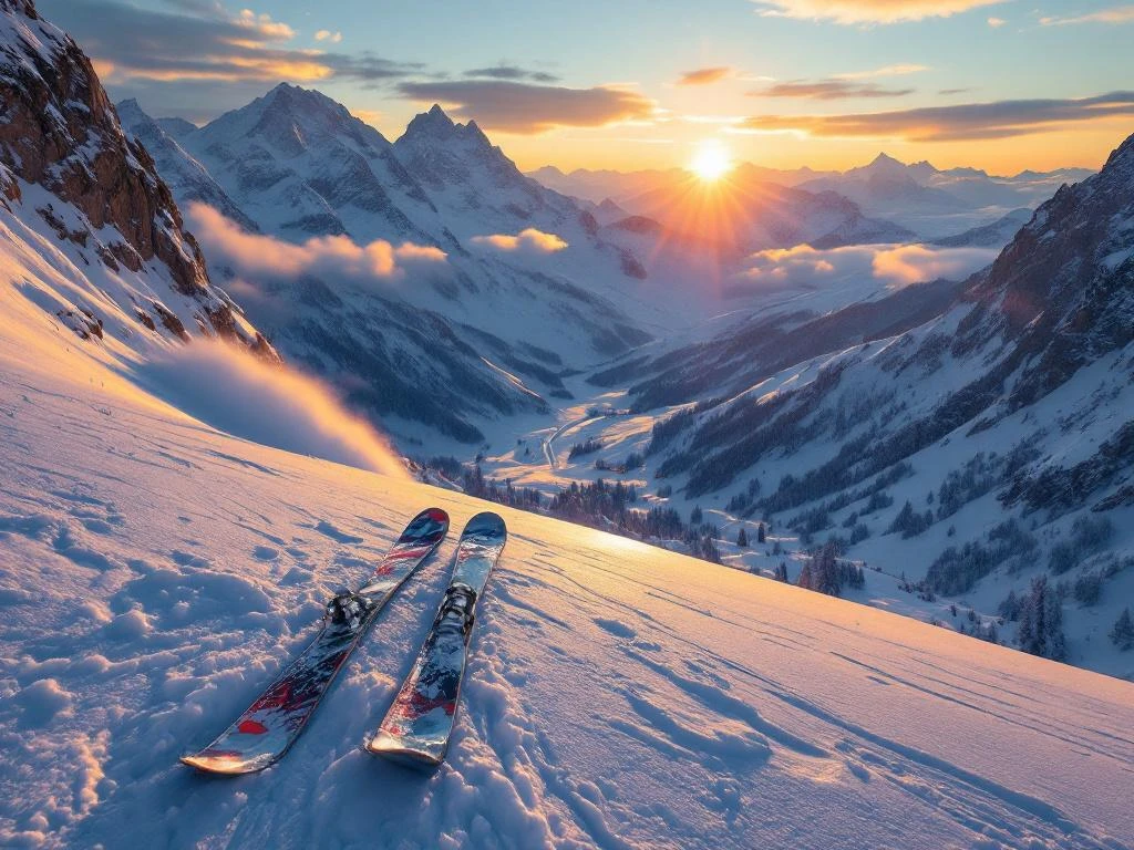 Steile skipiste bij zonsopgang met gouden licht op verse sneeuw, gezien vanuit skiërsperspectief met twee ski's klaar voor afdaling over een nevelig Alpenpanorama.