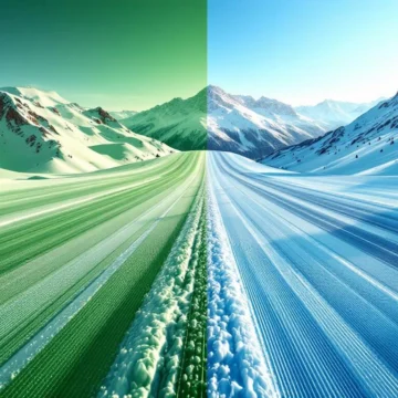 Split-screen berglandschap met groene en blauwe skipiste, professionele ski's in het midden, besneeuwde Alpen en skilift onder strakblauwe hemel.