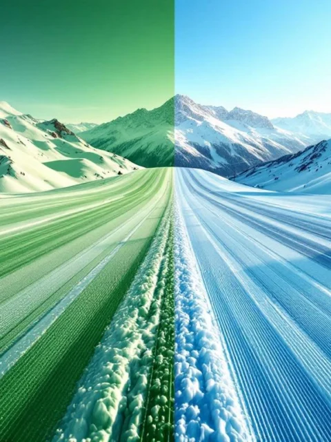 Split-screen berglandschap met groene en blauwe skipiste, professionele ski's in het midden, besneeuwde Alpen en skilift onder strakblauwe hemel.