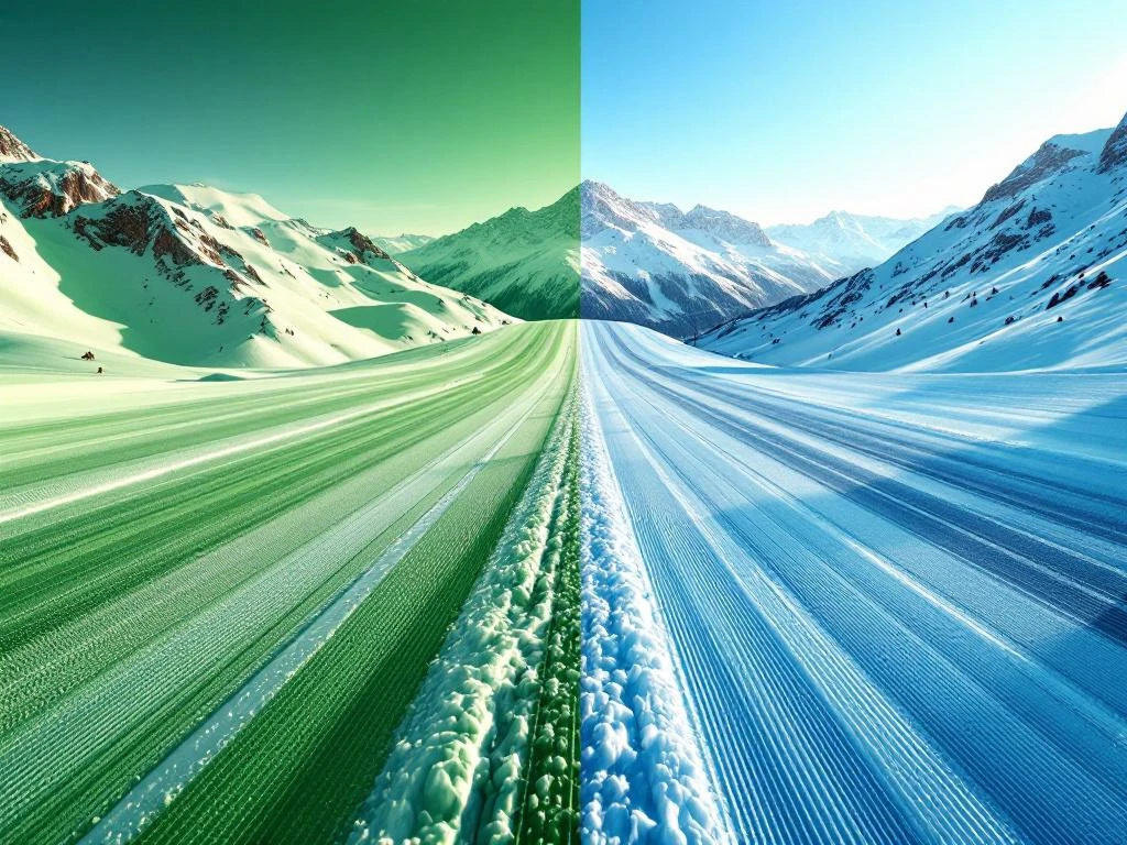 Split-screen berglandschap met groene en blauwe skipiste, professionele ski's in het midden, besneeuwde Alpen en skilift onder strakblauwe hemel.
