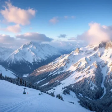 Panoramisch berglandschap met vier gekleurcode skipistes (groen, blauw, rood, zwart) verlicht door ochtendzon, doorkruist door een skilift.