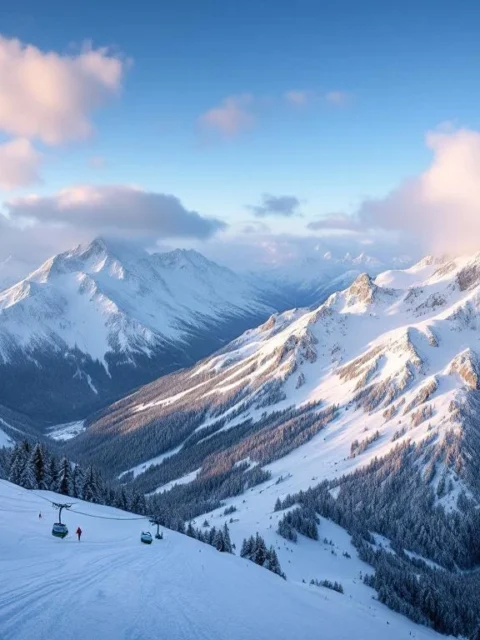 Panoramisch berglandschap met vier gekleurcode skipistes (groen, blauw, rood, zwart) verlicht door ochtendzon, doorkruist door een skilift.