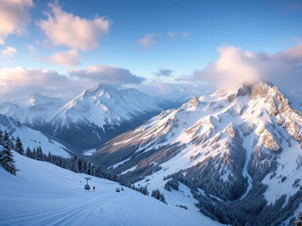 Panoramisch berglandschap met vier gekleurcode skipistes (groen, blauw, rood, zwart) verlicht door ochtendzon, doorkruist door een skilift.