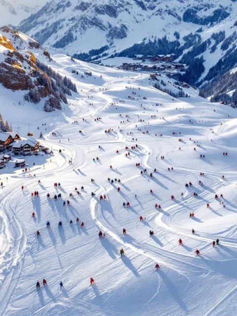 Luchtfoto van skihellingen St. Christoph am Arlberg bij zonsondergang met skileraren en leerlingen op besneeuwde pistes
