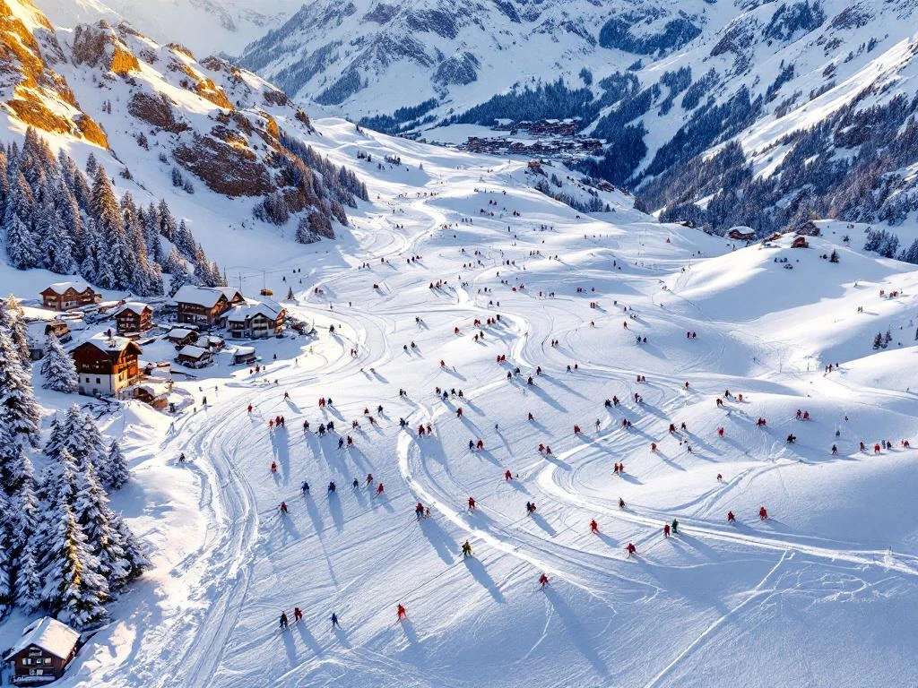 Luchtfoto van skihellingen St. Christoph am Arlberg bij zonsondergang met skileraren en leerlingen op besneeuwde pistes