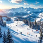 Luchtfoto van Tauplitz-Bad Mitterndorf skipistes in Oostenrijk met geprepareerde hellingen en skilessen markers