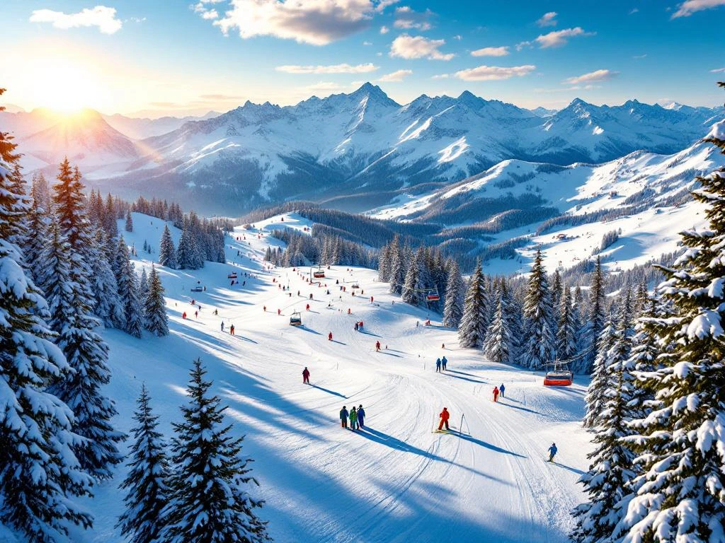 Luchtfoto van Tauplitz-Bad Mitterndorf skipistes in Oostenrijk met geprepareerde hellingen en skilessen markers