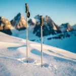Twee skipoles rechtop in poedersneeuw op een alpiene helling, met dramatische bergtoppen en blauwe lucht op de achtergrond.