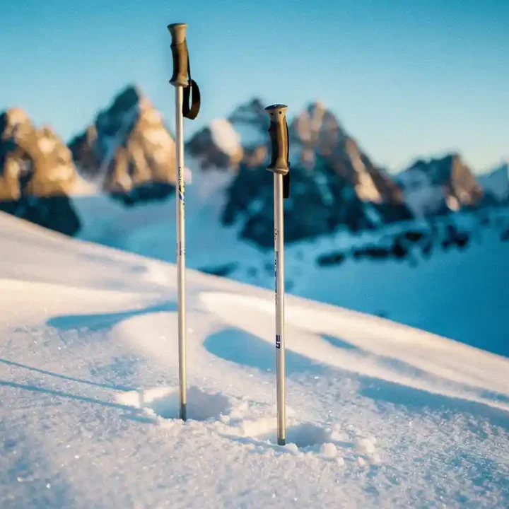 Twee skipoles rechtop in poedersneeuw op een alpiene helling, met dramatische bergtoppen en blauwe lucht op de achtergrond.