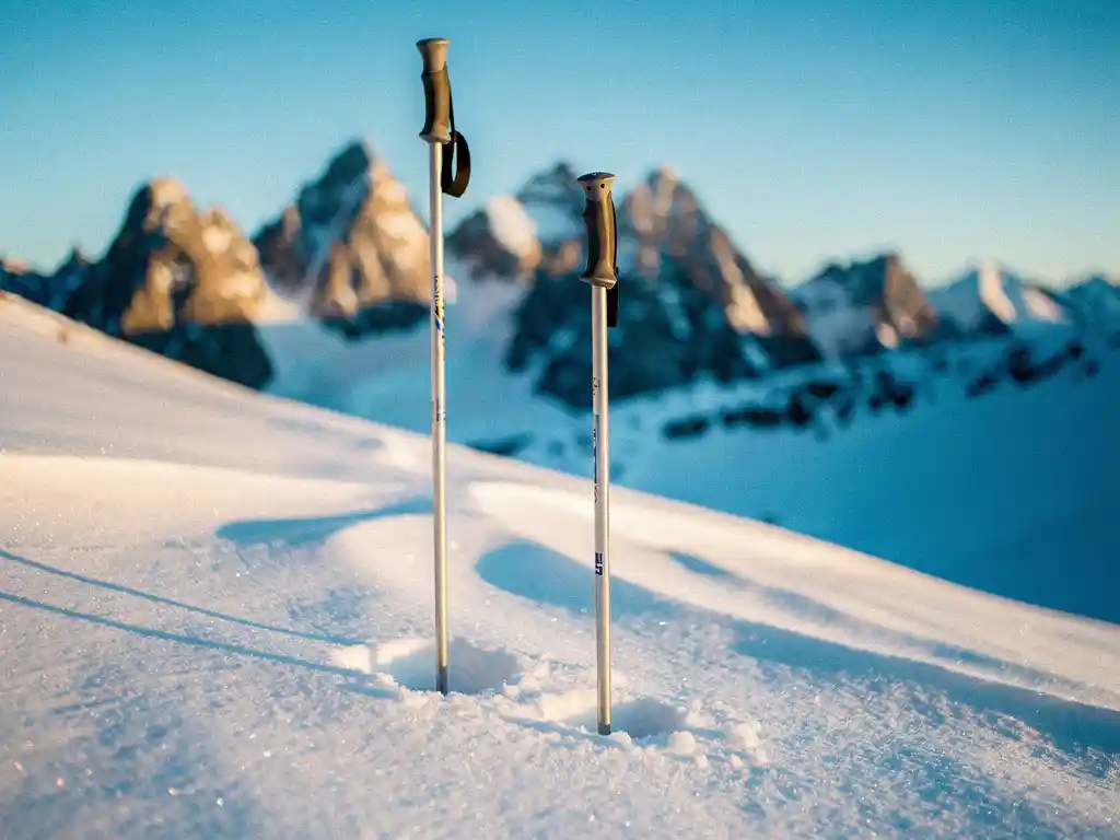 Twee skipoles rechtop in poedersneeuw op een alpiene helling, met dramatische bergtoppen en blauwe lucht op de achtergrond.