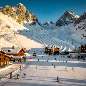 Luchtfoto van Le Monêtier-les-Bains skigebied met besneeuwde Alpentoppen, skipistes en kleurrijke skiërs op verschillende niveaus